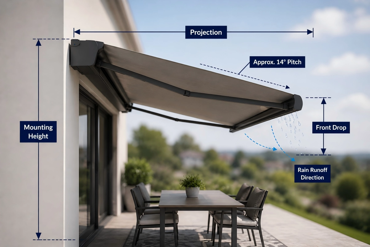 Retractable awning 14 degree pitch and front drop diagram for rain runoff